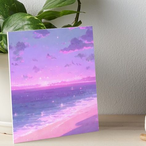 Professionally printed on firm, textured mat boards perfect for desks and shelves. Supplied with 3M velcro dots to easily affix to walls. Available in standard sizes. Purple Sunset Beach Lo-Fi Anime Purple Beach Painting, Purple Aesthetic Drawings, Purple Painting Ideas, Relaxing Crafts, Sunset Beach Painting, Purple Painting, Pastel Sunset, Purple Sunset, Cute Paintings