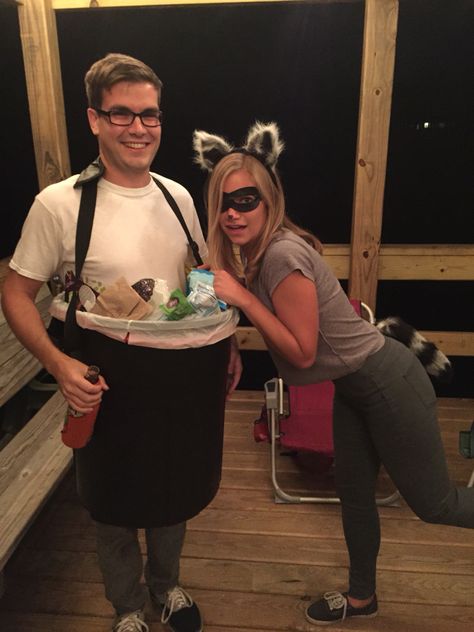 Raccoon couples costume Diy Raccoon Costume Women, Bag Of Trash Costume, Animal Couples Costume, Couples Animal Costumes, Raccoon Family Costume, Raccoon And Trash Can Costume, Racoon Halloween Costume, Baby Raccoon Costume, Dill Doe Halloween Costume