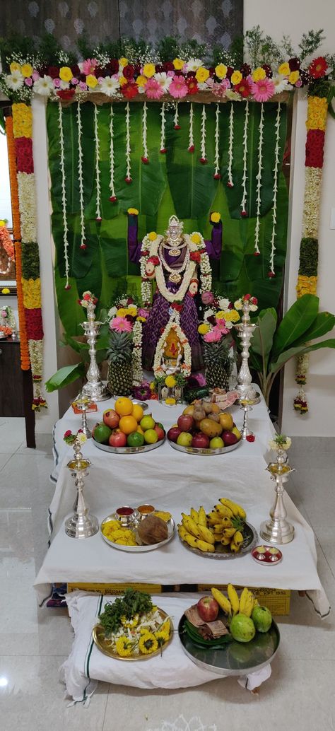 Varalakshmi Backdrop Decoration, Lakshmi Background Decoration, Gruhapravesam Pooja Decoration, Decoration For Lakshmi Pooja At Home, Vara Mahalakshmi Decoration, Gowri Decoration Ideas, Lakshmi Pujan Decoration At Home, Varmahalaxmi Decoration At Home, Backdrop For Pooja At Home