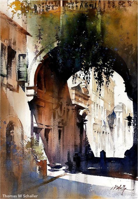 Thomas W Schaller, Thomas Schaller, Watercolor City, Watercolor Architecture, Architecture Painting, Seni Cat Air, Watercolor Painting Techniques, Textured Canvas Art, 수채화 그림