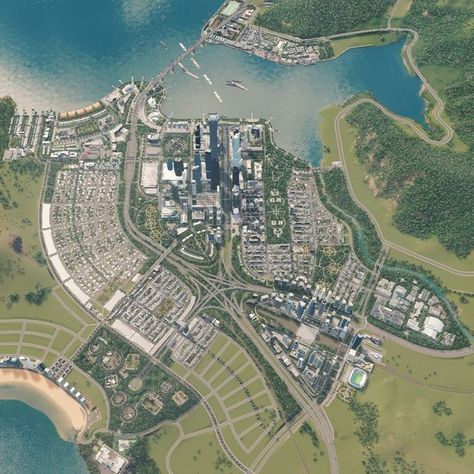 Cities Skylines Starting Layout, Cities Skylines 2 Layout Ideas, Cities Skylines Ideas, City Layout Design, Cities Skylines Airport, City Planning Design Layout, Cities Skylines Road Layout, Cities Skylines Layout Ideas, City Overview