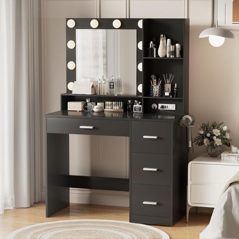 PRICES MAY VARY. YESHOMY Vanity Desk with Mirror, Power Outlet and 10 Lights, Makeup Table with 4 Drawers, 3 Color Modes Available for Bedroom, Black Vanity Desk With Mirror, Desk With Mirror, Lights Makeup, 5 Drawer Storage, Mirrored Vanity Desk, Vanity Benches, Vanity Drawers, Make Up Desk Vanity, Black Vanity