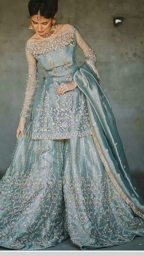 Light Blue Gharara, Light Blue Nikkah Dress, Blue Nikkah Dress, Waleema Dress, Gharara Designs Pakistani Bridal, Walima Outfit, Pakistani Engagement Dresses, Bridal Gharara, Indian Fits