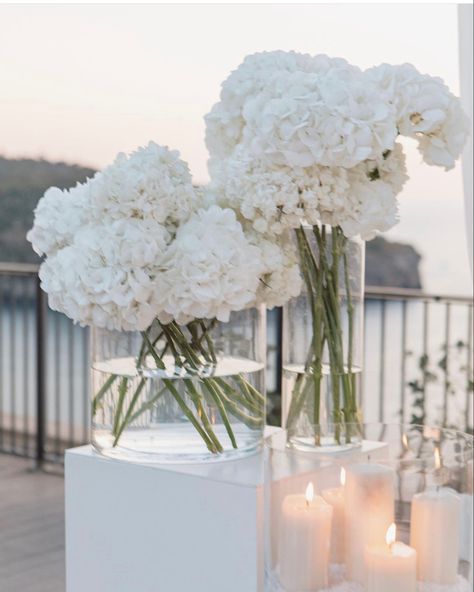 White Hydrangea Wedding Table, Simple White Bride Bouquet, Wedding White Flowers Decoration, Wedding Table White Flowers, Old Money Wedding Florals, Runway Style Wedding Ceremony, Simple White Wedding Flowers, All White Wedding Table Setting, White Flower Wedding Decor