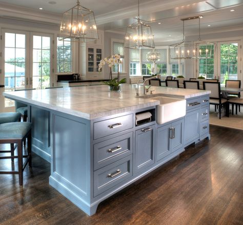 Kitchen Island. Kitchen Island. Large Kitchen Island with farmhouse sink, paper towel holder, Super White Quartzite Countertop and furniture-like cabinet. Kitchen Island #kitchenisland #kitchen #island East End Country Kitchens Luxury White Kitchen Design, Luxury White Kitchen, Kitchen Island With Sink, Interior Dapur, Kitchen Sink Design, Farmhouse Kitchen Island, Large Kitchen Island, Kitchen Island Decor, Decor Ikea