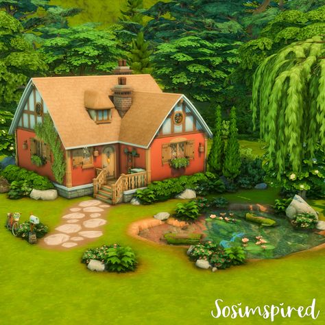 Cottagecore House Sims 4 No Cc, The Sims 4 Cottage Core Cc, Cottage Core Sims 4 House, Cottagecore Home Exterior, Cottage Core Sims 4, Sims 4 Cottage Living House, Sims4 Cottage House, Sims Cottage Living, Cottage Core Houses