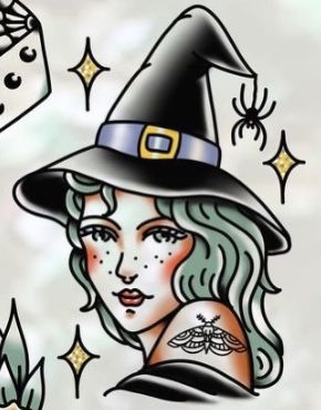 Traditional Witch Hat Tattoo, Traditional Style Witch Tattoo, Witch Head Tattoo, American Traditional Witch Tattoo, Witch Face Tattoo, Witch Tattoo Traditional, Traditional Tattoos Halloween, American Traditional Fairy Tattoo, Witchy Traditional Tattoo