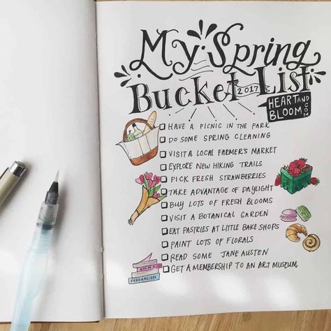 Fun ideas for your Spring bucket list. Plus Spring bucket list Bullet Journal pages to inspire you. 25 ideas to add to your Spring bucket list to enjoy the season the most. Plus inspirations on how you can create a bucket list in your Bullet Journal. Bucket List Bullet Journal, Spring Bucket List, Bullet Journal Pages, Bucket List Journal, Journal Idea, Things I Want, Keeping A Journal, Dot Journals, Journal Writing Prompts