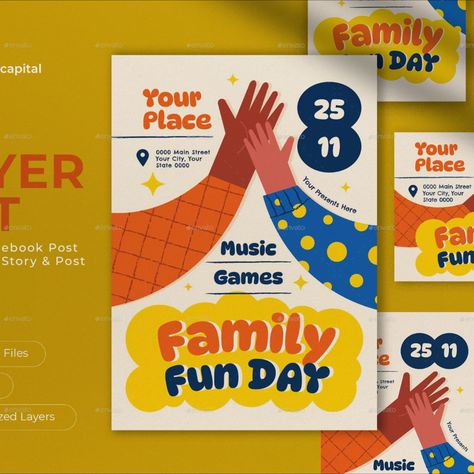 Bright and colorful family fun day flyer set in flat #Puzzle_Flyer_Design #Fun_Banner_Design #Flyer_Design_School #Family_Day_Poster_Design Fun Banner Design, Family Festival Poster, Family Day Poster Design, Family Fun Day Poster, Fun Flyer Design, Family Poster Design, Event Poster Design Ideas Creative, Creative Flyer Design Ideas Graphics, Family Day Poster