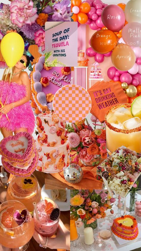 30th Birthday Colour Themes, Colorful 30th Birthday Party, Pink Orange Birthday Party, Fun 30th Birthday Themes, Tequila Sunset Theme, Sunset Garden Party, Sunset Themed Party, Sunset Party Decorations, Pink Orange Disco Party