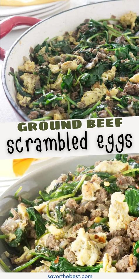 Scrambled eggs with ground beef and spinach in a pan. Beef And Eggs Breakfast, Ground Beef With Eggs, Ground Beef And Eggs Recipes, Beef And Eggs, 2024 Health, Ground Beef Breakfast, Breakfast Scramble, Egg Scramble, High Protein Meal Prep