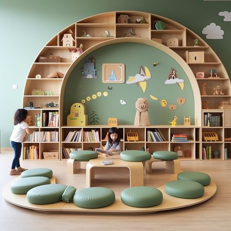 Welcome to our kindergarten's Reading Corner, where innovation and comfort combine to nurture young readers. In this thoughtfully designed space, children immerse themselves in books, fostering a love for reading. Join us on a journey where innovation enhances comfort, sparking curiosity and creativity. Experience a realm where every page is a cozy adventure, all within a nurturing atmosphere. Kids Toy Room Design, Reading Corner Daycare, Kindergarden Interiors, Reading Space Design, Kids Library Room Ideas, Kids Library Design, Kindergarten Design Ideas, Children Library Design, Play Space Ideas