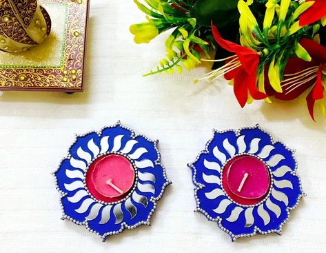 Diwali Tealight Holders Diy, Lippan Art Tea Light Holder, Designer Rangoli, Diwali Candle Holders, Diya Holder, Diya Stand, Painted Mirror Art, Diwali Candles, Diya Decoration