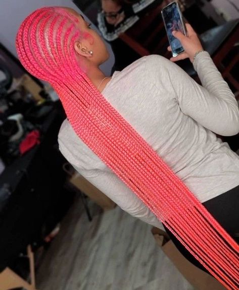 Color Straight Back Braids, Pink Straight Back Braids, Feed In Braids Long, Pink Stitch Braids, Pink Feed In Braids, Pink Cornrows Braids, Small Straight Back Feed In Braids, Pink Lemonade Braids, Hot Pink Braids