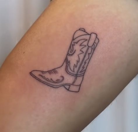 Im Sure Were Taller In Another Dimension Tattoo, Cowboots Tattoo, Fine Line Cowboy Boot Tattoo, Tiny Cowboy Boot Tattoo, Cowgirl Boot Tattoo Small, Boot Tattoos For Women, Cowboy Boots Tattoo For Women, Nashville Tattoo Ideas Small, Cowboy Boot Tattoo Small