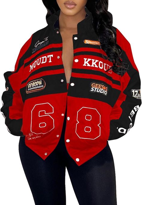 PRICES MAY VARY. Fabric: This jacket is made of high-quality polyester fabric, which is not only comfortable but also durable. Design: Vintage monogrammed, detachable long-sleeved body-top with a zipper in the middle and a detachable bottom. Features two side pockets, elastic waist, oversize, standing collar. Casual racing and Letterman designs, stylish baseball jackets, stylish driving jackets for street wear. Peculiarity: Racer light jackets for women can be worn as cropped top and mini skirt. Vintage Racing Jacket, Racer Jackets, Graphic Jackets, Varsity Jacket Women, Women Motorcycle, Jackets Casual, Womens Jackets Casual, Trendy Jackets, Racing Jacket