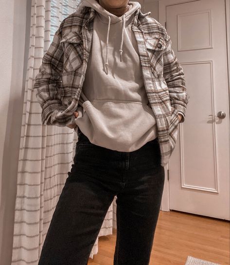 Hoodies And Flannel Outfits, Flannel Outfits Hoodie, Layered Outfit Inspiration, Plaid Shirt Layered Outfit, Flannels Over Hoodies, Flannel Under Sweatshirt, Brown Flannel Jacket Outfit, Gray Flannel Shirt Outfit Women, Winter Flannel Outfits Cold Weather