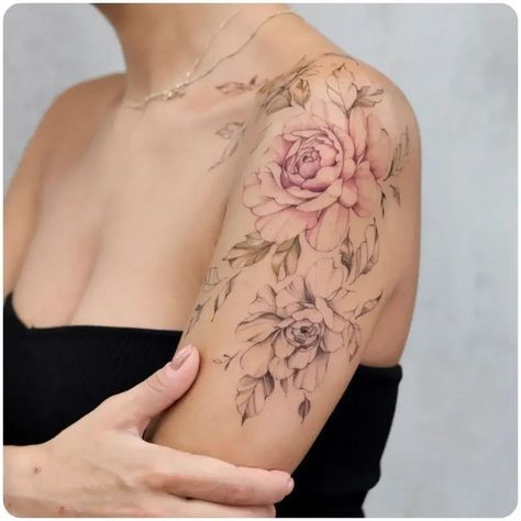 Peony Floral Tattoo, Colorful Floral Tattoo, Front Shoulder Tattoo, Shoulder Tattoo Ideas, Feminine Shoulder Tattoos, Front Shoulder Tattoos, Colour Tattoo For Women, Mastectomy Tattoo, Floral Tattoo Shoulder