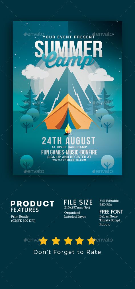 Summer Camp Flyer Template PSD. Download - 100% CMYK print Ready 300 DPI - Well Organized Layer - Full Editable Text Camping Poster Design, Summer Camp Poster Design, Activity Poster Design, Summer Camp Design, Summer Camp Poster, Camp Event, Camp Poster, Camping Poster, Poster Design Kids