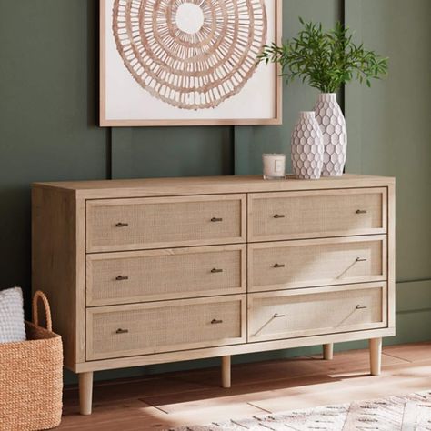 Clean-lined and contemporary - but far from stark - this dresser is a fresh style awakening. Pairing a light finish with replicated oak grain and textured beige cane details, its mixed materials bring a naturally versatile vibe to your bedroom. Sleek, simple hardware plays perfectly with the modern aesthetic. Prepare to have your mind blown by the vast universe of possibilities that await within the spacious drawers. Features Dresser only Made with engineered wood (MDF/particleboard/plywood) and decorative laminate for the right balance of affordability and durability Dry, light finish with replicated oak grain and authentic touch Decorative laminate replicates natural or man-made material surfaces with consistent color, pattern and texture Framed front and pilasters Framed drawer fronts w Teen Headboard, Teen Bedroom Sets, Upholstered Bedroom, Dresser And Mirror, Kids Loft Beds, King Upholstered Bed, Teen Furniture, Reclining Furniture, Teen Bedding