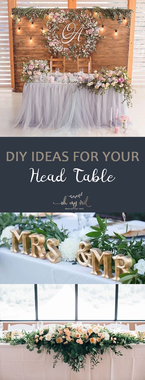 Set the stage for the new Mr. and Mrs. with any one of these awesome DIY ideas for the head table. Here's how! #DIyweddings #DIYweddingdecor #weddingideas Diy Head Table Decor, Brides Table Ideas Receptions, Head Wedding Table Decor, Brides Table Ideas, Wedding Party Table Ideas Receptions, Bridal Party Table Ideas Receptions, Wedding Party Table Ideas, Bridal Table Ideas, Diy Head Table