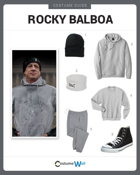 Dress Like Rocky Balboa from the movie, Rocky. See additional costumes and cosplays of Rocky Balboa. Rocky Balboa Birthday Party, Rocky Halloween Costume, Rocky Balboa Costume, Rocky Costume, Rocky Outfits, Halloween Costumes Men, Men Halloween Costume, Costume Wall, Rocky Series