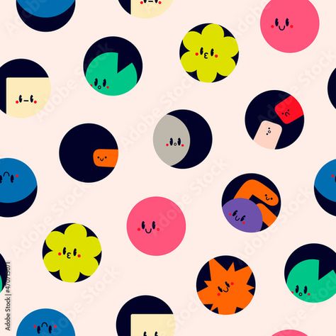 Stock Image: Round abstract Icons. Funny comic Faces with various Emotions in circles. Various abstract creatures. Different colorful characters. Cartoon style. Flat design. Hand drawn Vector seamless Pattern Circle Abstract Design, Abstract Icon Design, Round Character Design, Abstract Character Design, Geometric Character Design, Abstract Creatures, Circle Character, Funny Character Design, Japan Branding