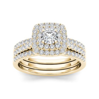 Buy 1 CT. T.W. Diamond 10K Yellow Gold Halo Bridal 3-piece Ring Set at JCPenney.com today and Get Your Penney's Worth. Free shipping available Halo Engagement Ring Set, Rose Gold Bridal Set, Pave Setting Ring, Double Halo Engagement Ring, Double Halo Engagement, Halo Engagement Ring Sets, Rose Gold Bridal, Engagement Sets, Diamond Bridal Sets