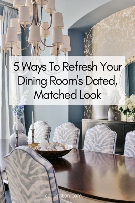 5 Ways To Refresh Your Dining Room’s Dated, Matched Look! This detailed guide will help you update your dining room, evaluating every element so that you can love your dining room again! carlaaston.com How To Update Dining Room Chairs, Dining Room Dark Table Light Chairs, Formal Dining Room Window Treatments, Formal Dining Room Wallpaper, Update Formal Dining Room, Elegant Dining Chairs, Formal Dining Room Inspiration, Trending Dining Rooms 2023, Update Dining Room Chairs