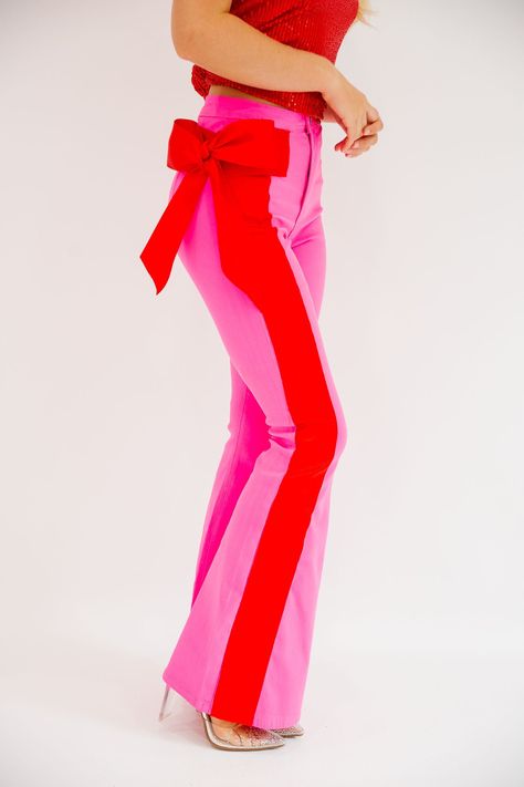 HOLIDAY SEASON PINK FLARES FLARES Judith March Cool Christmas Outfits, Pink Christmas Clothes, Colors That Go With Pink, Funky Pants Outfits, Barbie Looks Outfits, Pink Christmas Outfit, Pink Red Outfit, Red And Pink Outfit, Work Holiday Party Outfit