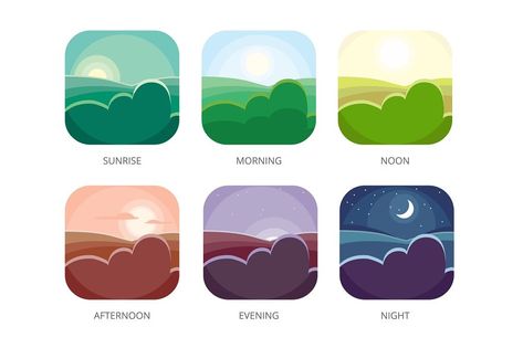 Visualization of various times of day. Morning, noon and night. Flat style vector illustrations. Sunrise and afternoon, evening landscape Morning Visualization, Evening Landscape, Morning Noon And Night, City Life Photography, Dark Black Wallpaper, Night Illustration, Time Of Day, Night Art, Landscape Illustration