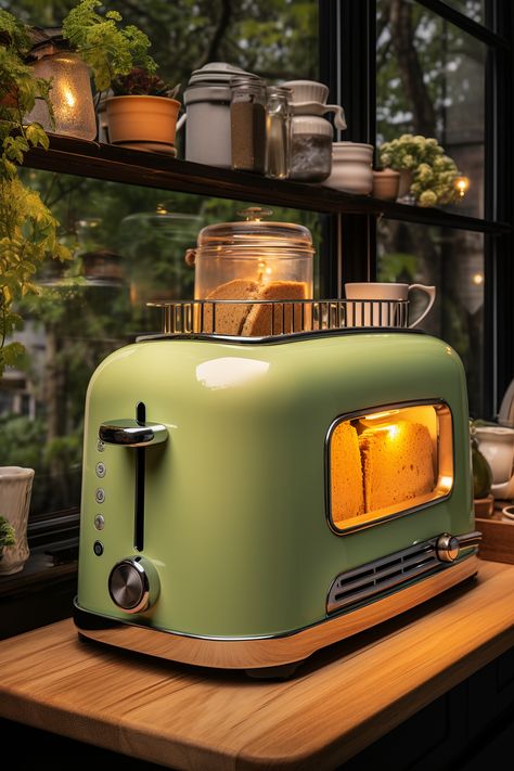 Mint green toaster in a stylish kitchen Retro Appliances Kitchen, Cool Toasters, Cute Toaster, Green Kitchen Appliances, Green Toaster, Vintage Toaster, Green Kitchen Accessories, Retro Kitchen Appliances, Retro Toaster