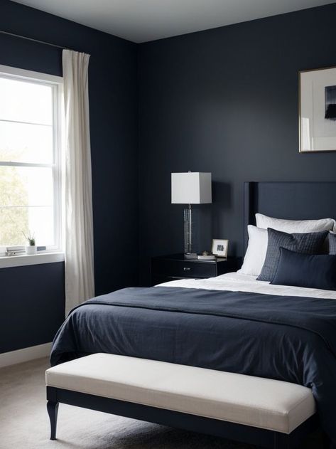 Navy Panelling Bedroom, Navy Panelling, Grey Bedroom Walls, Dark Blue Bed, Gray Floors Bedroom, Dark Accent Wall, Dark Accent Walls, Gray Bedroom Walls, Statement Artwork