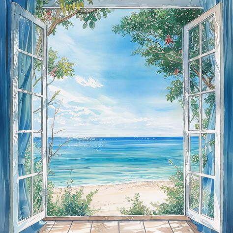 Beach View From Window Drawing, Beautiful Window View, Drawing Window View, Window Scenery Painting, Beach Pictures Drawing, Window View Drawing, Window View Illustration, View Art Painting, Beach Watercolor Paintings