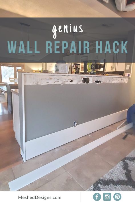 Shiplap is an easy way to cover wall imperfections and damages while avoiding drywall repair. This wall had been a breakfast bar with tile but was transitioned into a living area. Sheetrock Repair, Fixer Upper Farmhouse, Wall Repair, Diy Furniture Flip, Half Walls, Drywall Repair, White Shiplap, Outdoor Diy Projects, Magnolia Homes