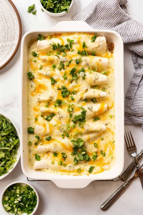 Green Enchiladas With Cream Cheese, Deconstructed Chicken Enchiladas, White Turkey Enchiladas, Chicken Enchiladas Healthy Easy, Grilled Chicken Enchiladas, How To Use Shredded Chicken, Ground Beef Enchiladas With White Sauce, Kid Friendly Enchiladas, Chicken Enchiladas With Rotisserie