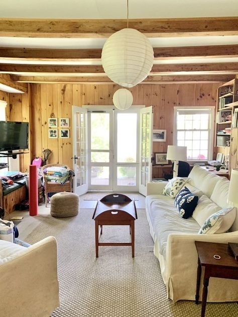 10 Ways to Modernize a Living Room With Knotty Pine Walls | Hunker Knotty Pine Living Room Ideas, Knotty Pine Walls Color Schemes, Knotty Pine Living Room, Knotty Pine Decor, Knotty Pine Rooms, Lake House Family Room, Knotty Pine Ceiling, Knotty Pine Paneling, Lake House Living