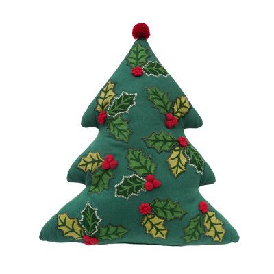 Trim your home with festive cheer with our cute Holly Christmas Tree Shaped Pillow. This unique and charming botanical festive accent piece adds a touch of holiday magic to any room. Stay with, and accompany us during our continued home décor magical ventures every season once again years after years. C&F Home | C&F Home Holly Christmas Tree Shaped Pillow green / redCotton | 3" H X 18" W X 15" D | Wayfair Tree Shaped Pillow, Cotton Tree, Anthropologie Holiday, Cozy Texture, Holly Christmas, Christmas Tree Pillow, Pillow Green, Shaped Pillow, Tree Pillow