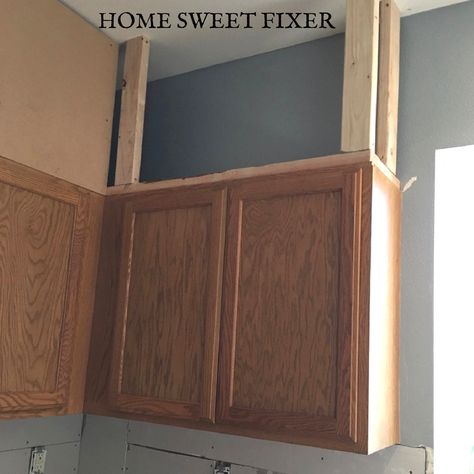 Build Faux Kitchen Cabinets to the Ceiling – HOME SWEET FIXER Gap Above Kitchen Cabinets, Kitchen Cabinets To The Ceiling, Kitchen Cabinets Build, Cabinets To The Ceiling, Kitchen Cabinets To Ceiling, Cabinets To Ceiling, Diy Custom Closet, Building Kitchen, Building Kitchen Cabinets