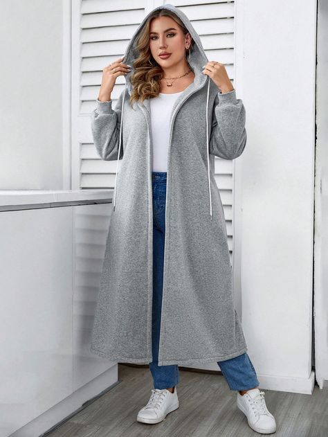 Plus Size Loose Hooded Cardigan Jacket Grey Casual  Wrist-Length Sleeve Knitted Fabric Plain Other Medium Stretch  Women Plus Clothing, size features are:Bust: ,Length: ,Sleeve Length: Long Denim Jacket, Hooded Cardigan, Wool Blend Coat, Inspiration Mode, Cardigan Jacket, Casual Fall, Gray Jacket, Casual T Shirts, Star Fashion