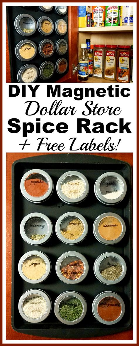 DIY Magnetic Dollar Store Spice Rack- If your spice cabinet is disorganized, you need to try this easy (and frugal) DIY organizer! Here's how to make a magnetic dollar store spice rack! | dollar store DIY, Dollar Tree DIY, organizing ideas, kitchen organizing tips, easy DIY, spice organization, how to organize your spices, inexpensive organization solutions Dollar Store Spice Rack, Diy Pantry Organization, Cocina Diy, Kitchen Apartment, Diy Organizer, Spice Jar Labels, Diy Spices, Magnetic Spice, Trendy Apartment