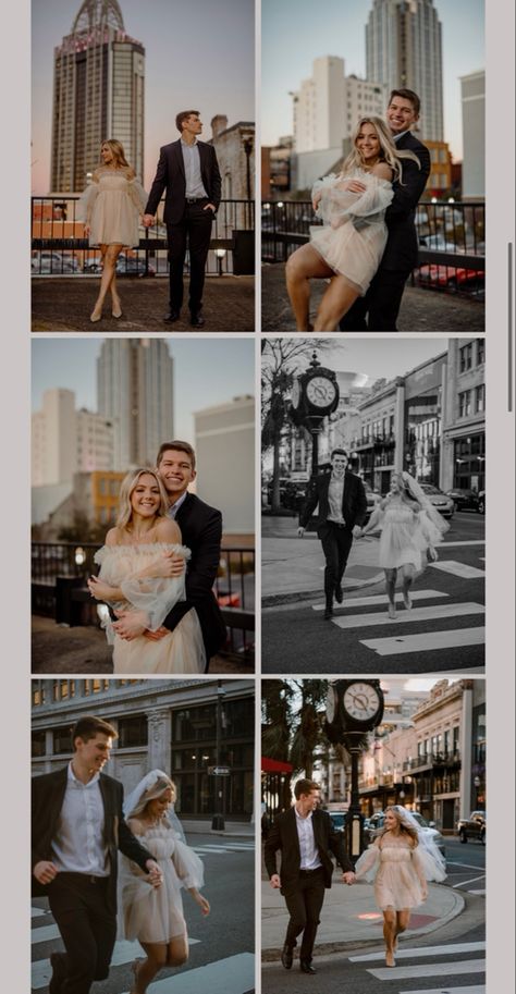 Anniversary Outfit Photoshoot, Just Us Wedding, Old Glam Engagement Photos, Grey Suit Engagement Photos, Engagement Photo Shoot Vibes, City Vibes Engagement Pictures, City Skyline Engagement Pictures, Eloping Courthouse Wedding, Courthouse Wedding Essentials