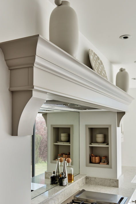 Range Cooker In Chimney Breast, Built In Cooker Hood, Chimney Breast Kitchen, Cooker Mantle, Kitchen Mantle Ideas, Chimney Hood Kitchen, Cooker In Chimney Breast, Chimney Kitchen Ideas, Drayton House