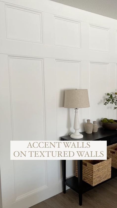 Accent Wall on Textured Walls 🤔🤔 It can be done!! All of my walls have an orange peel texture. I leave it be and do my accent walls right o… | Instagram Board And Batten Orange Peel Walls, Wainscoting Textured Walls, Picture Frame Molding On Textured Walls, White Wainscoting Living Room, Orange Peel Walls, Orange Peel Wall Texture, Accent Wall Panels, Orange Peel Texture, Wall Paneling Diy