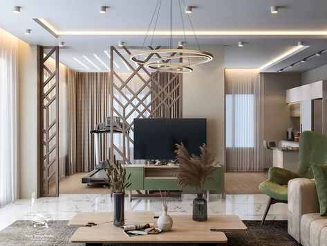 Family area on Behance Tv Unit As A Partition, Tv Unit Design With Partition Wall, Tv Unit On Partition, Tv On Partition, Living Room Divider With Tv Unit, Partition With Tv Unit Interior Design, Partition Wall With Tv Unit, Tv Partition Wall, Tv Wall Partition