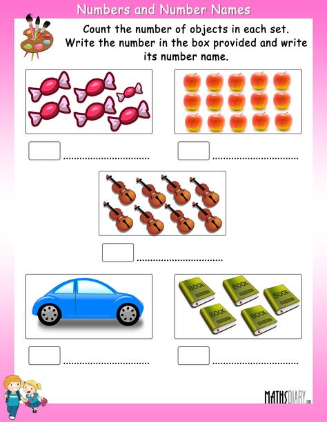 Count the objects in each set and write its number and number name- Worksheets - Math Worksheets – MathsDiary.com Count And Write Worksheets 1-20, Number Names Worksheet, Count And Write The Number, Preschool Prewriting, Prewriting Worksheets, Number Words Worksheets, Count And Write, Number Names, Counting Objects