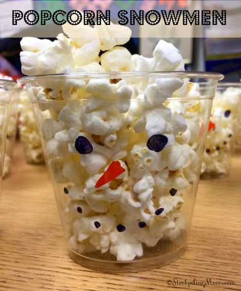 Popcorn Snowman, Classroom Winter Party, Winter Party Foods, Snowman Cups, Popcorn Cups, Winter Snack, Snow Party, Snowman Party, Frozen Themed Birthday Party