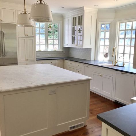 Open Shelving Around Stove, White Cabinets With Soapstone Counters, Soapstone Island, Colonial Kitchen, All White Kitchen, Kitchen Inspo, Cottage Kitchen, Counter Tops, Updated Kitchen