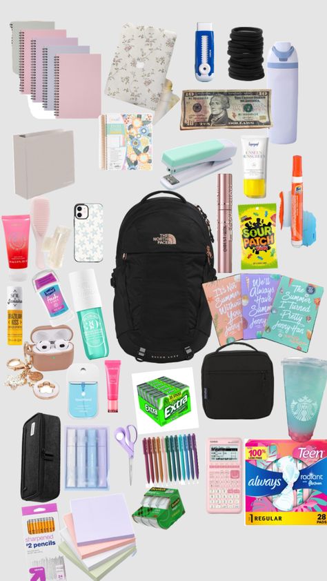 Little late😅 but back to school essentials! School Backpack Essentials List, Freshman Backpack Essentials, Back Packing Essentials For School, Back To School Essentials Middle School, Backpack Essentials Middle School, Middle School Backpack, Middle School Essentials, School Backpack Essentials, What's In My Backpack