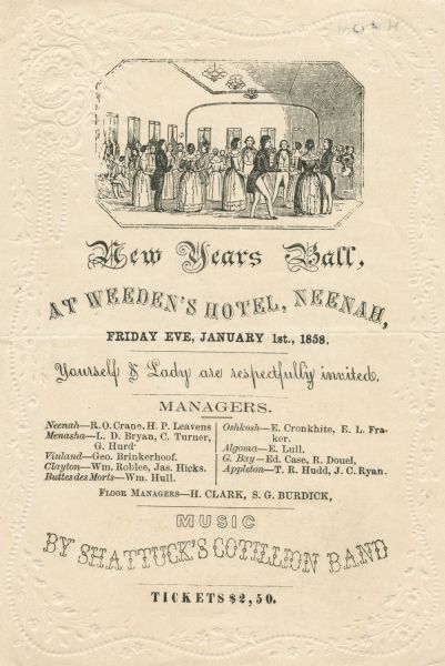 Printed invitation to the 1858 New Year's Ball given at Weeden's Hotel in Neenah with music provided by Shattuck's Cotillion Band. The invitation is printed on embossed paper with an illustration of a dancing party. Image ID: 33147 Ball Invitation Aesthetic, Ball Invitation, New Years Ball, Party Image, Dance Party Invitations, Ball Dance, Dancing Party, Debutante Ball, The Invitation